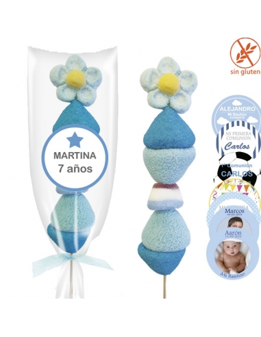 Brocheta de chuches azul personalizada para Comunión, Bautizo o cumpleaños