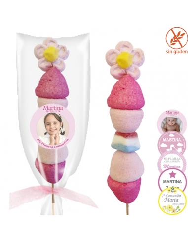 Brocheta de chuches rosa personalizada para Comunión