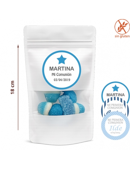Bolsa chuches azules personalizada 70g para Comunión o fiesta