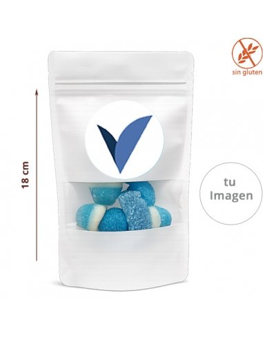 Bolsa Blanca con ZIP de chuches azules 70g personalizada para empresas