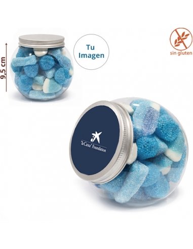Tarro Redondo chuches azules personalizado 300g para empresas