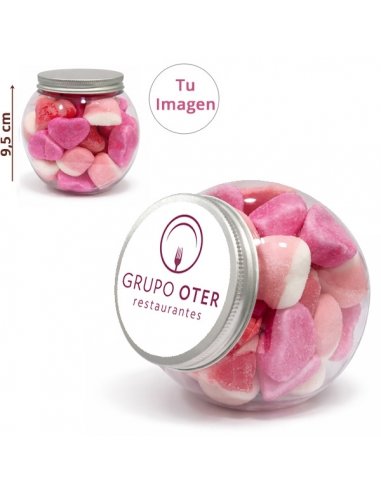 Tarro Redondo chuches rosas personalizado 300g para empresas