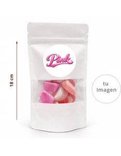 Bolsa Blanca con ZIP de chuches rosa 70g personalizada para empresas