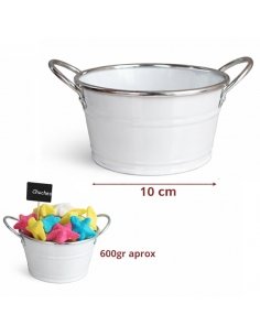 Bol Redondo Metálico Blanco con asas perfil plata 1ud para Mesa chuches