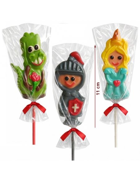 Piruletas de chocolate Sant Jordi con dragón princesa y caballero envueltas individualmente para regalar empresas colegios