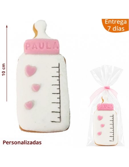 Galleta de Bautizo Personalizada forma Biberón color rosa