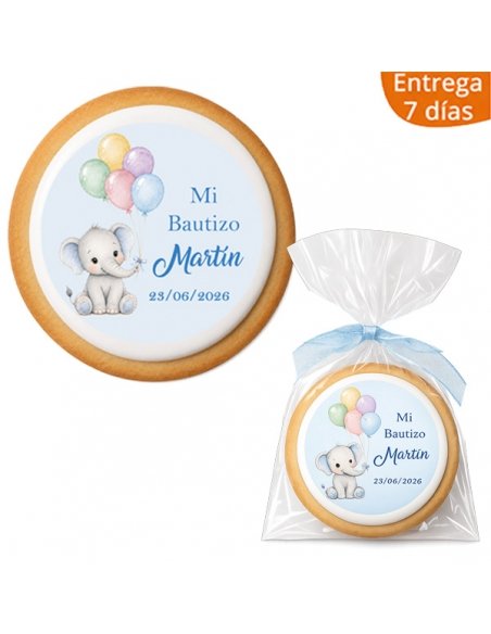 Galleta de Bautizo y Cumpleaños Elefante azul con Globos personalizada