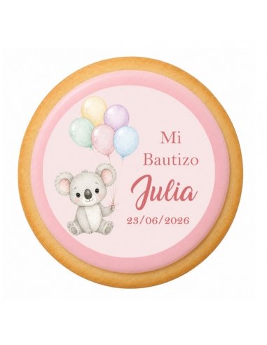 Galleta de Bautizo y Cumpleaños Koala rosa con Globos personalizada