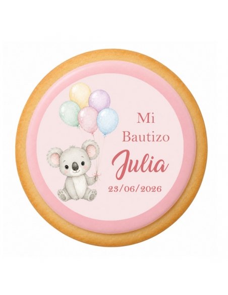 Galleta de Bautizo y Cumpleaños Koala rosa con Globos personalizada