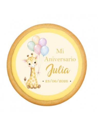 Galleta de Bautizo y Cumpleaños Jirafa amarillo con Globos personalizada