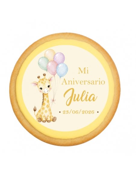 Galleta de Bautizo y Cumpleaños Jirafa amarillo con Globos personalizada