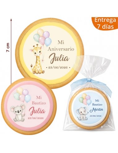 Galleta de Bautizo y Cumpleaños Animales con Globos personalizada