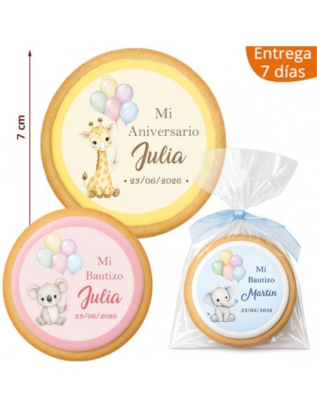 Galleta de Bautizo y Cumpleaños Animales con Globos personalizada