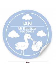 Etiqueta Pegatina Bautizo Azul Cigüeña Bebé Personalizada 5cm