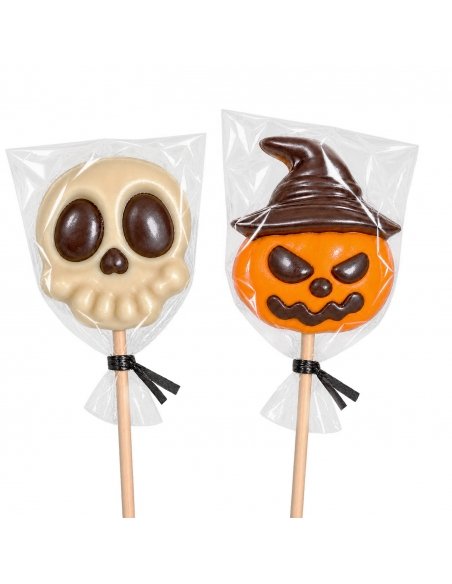 Piruleta de Chocolate Calavera y Calabaza de Halloween 25g 18uds