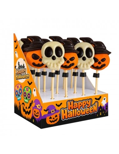 Expositor de Piruleta de Chocolate Calavera y Calabaza de Halloween 25g 18uds
