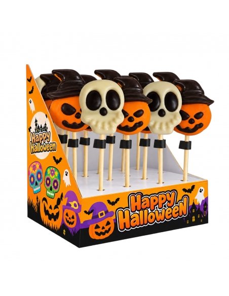 Expositor de Piruleta de Chocolate Calavera y Calabaza de Halloween 25g 18uds