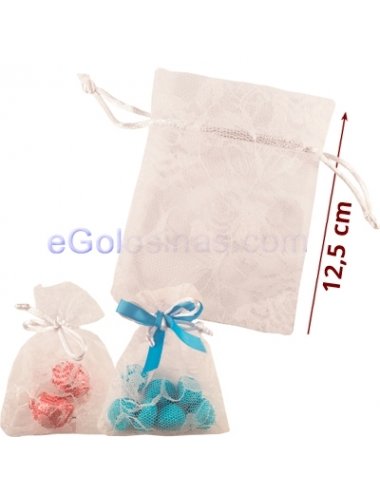 4 Bolsas Organza Blanca Decorada Flores 12.5x9cm