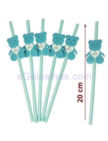 6 PAJITAS DECORADAS OSO AZULES BEBE