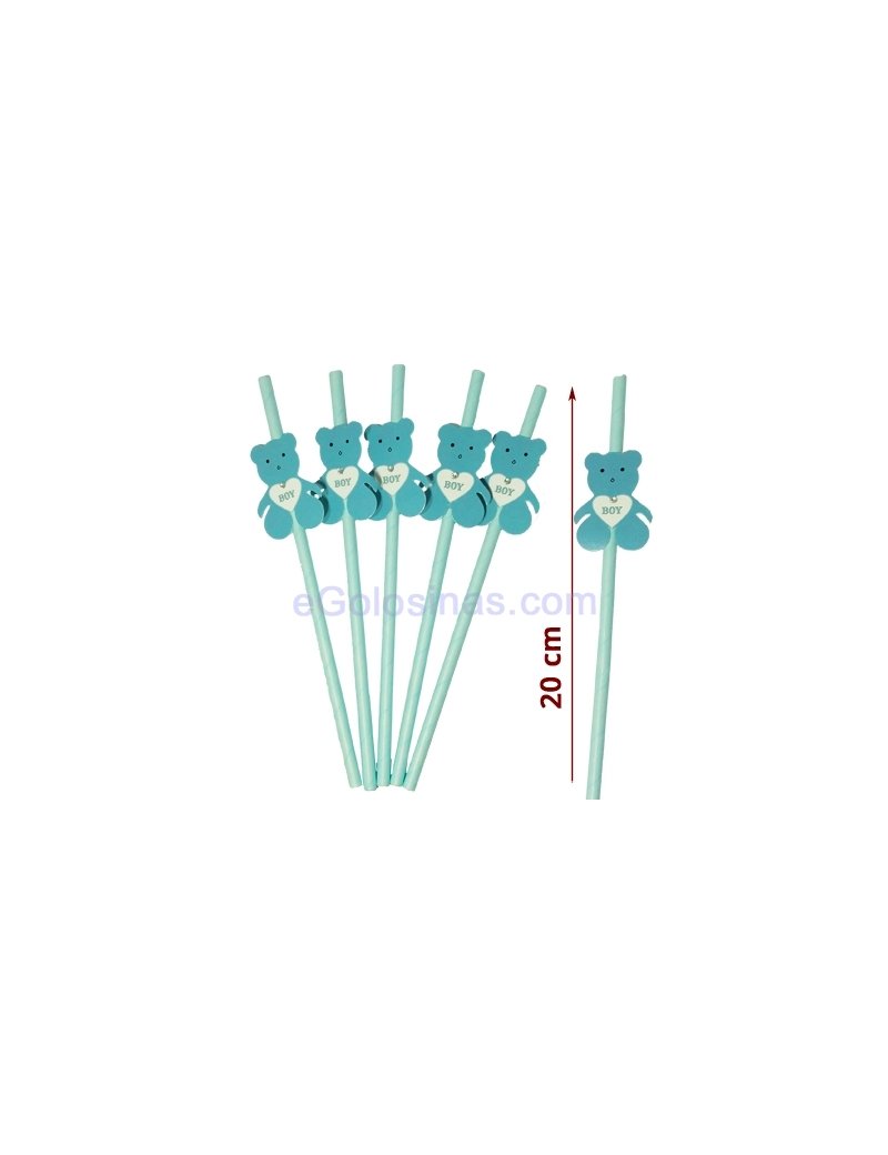 6 PAJITAS DECORADAS OSO AZULES BEBE