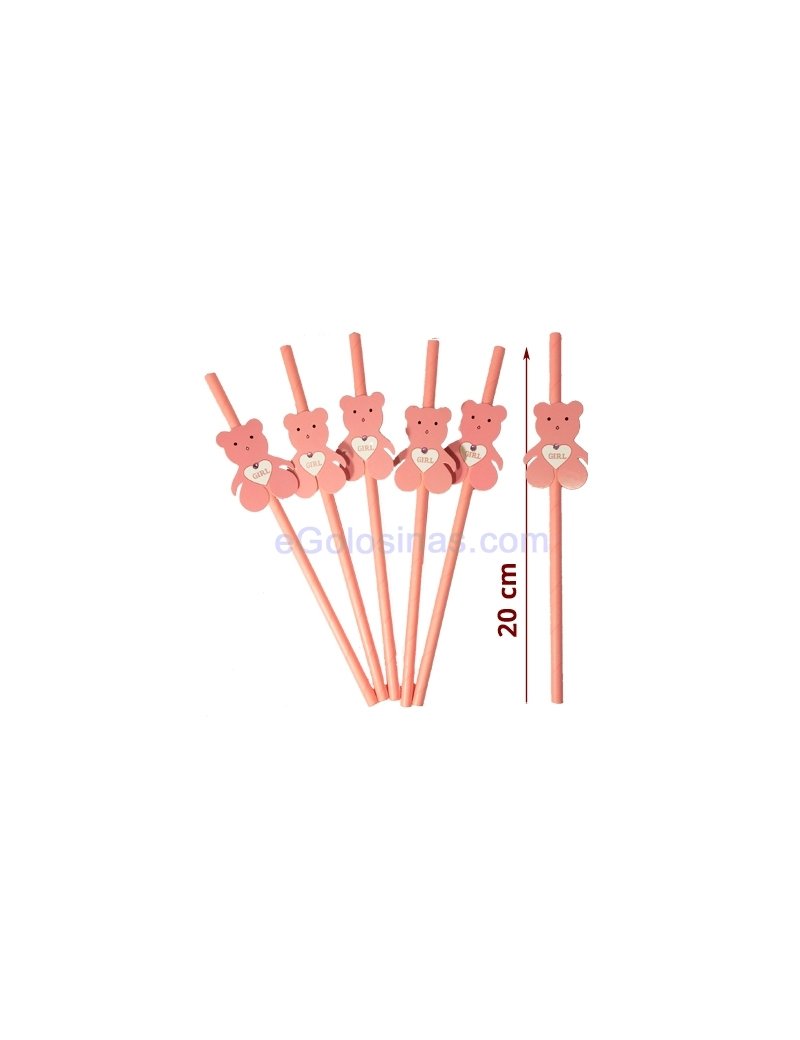 6 PAJITAS DECORADAS OSO ROSAS BEBE