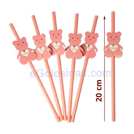 6 PAJITAS DECORADAS OSO ROSAS BEBE