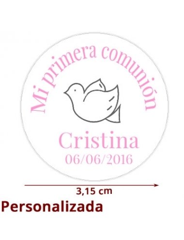 Etiqueta Pegatina Comunión Rosa Niña Paloma personalizada 3.15cm