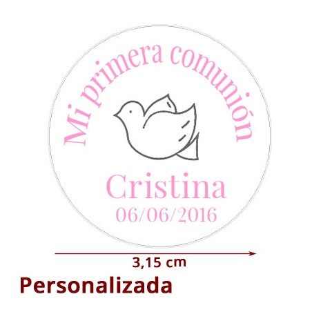 Etiqueta Pegatina Comunión Rosa Niña Paloma personalizada 3.15cm