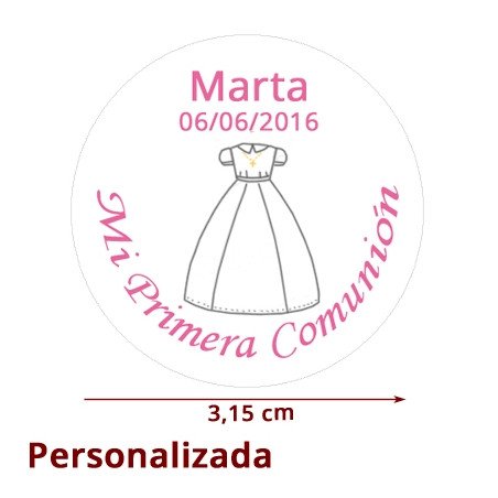 Etiqueta Pegatina Comunión rosa Niña Vestido personalizada 3.15cm