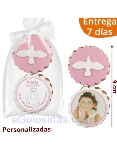 2 GALLETAS COMUNION PALOMA ROSA personalizadas 1