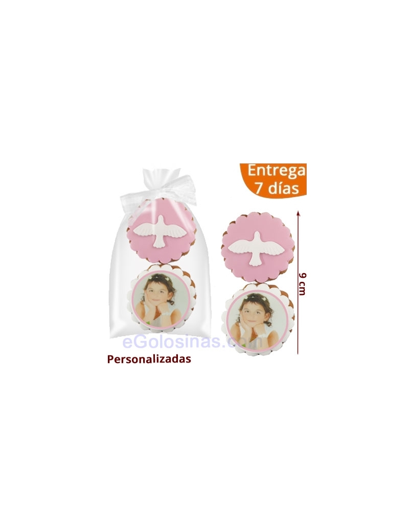 2 GALLETAS COMUNION PALOMA ROSA personalizadas 2