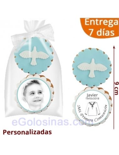 2 GALLETAS COMUNION PALOMA AZUL personalizadas