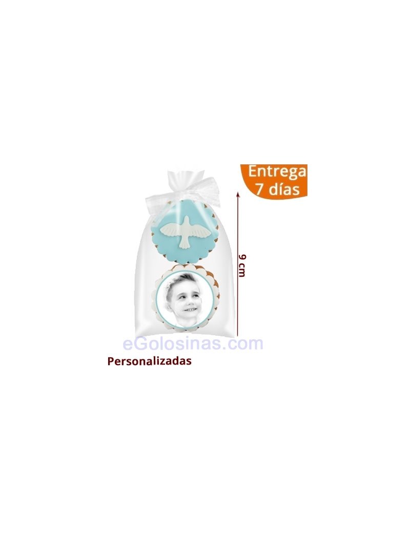 2 GALLETAS COMUNION PALOMA AZUL personalizadas