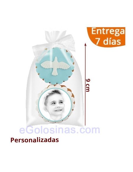 2 GALLETAS COMUNION PALOMA AZUL personalizadas