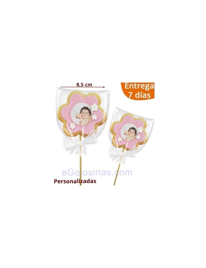 GALLETA FLOR con FOTO y PALO para Comunión o Aniversario