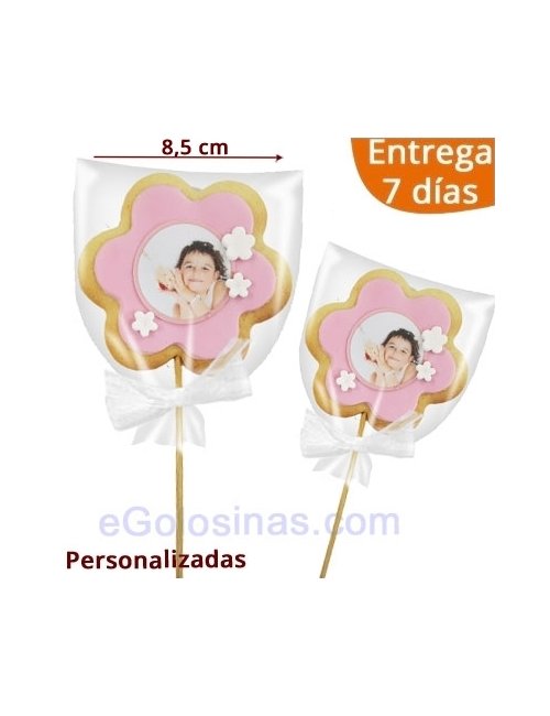 GALLETA FLOR con FOTO y PALO para Comunión o Aniversario