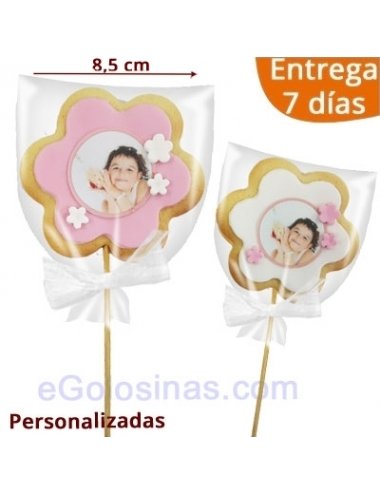 GALLETA FLOR con FOTO y PALO para Comunión o Aniversario