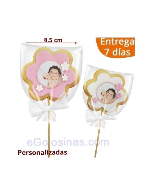 GALLETA FLOR con FOTO y PALO para Comunión o Aniversario
