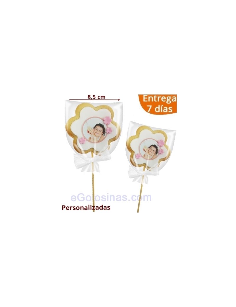 GALLETA FLOR con FOTO y PALO para Comunión o Aniversario