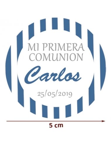 Etiqueta Pegatina Azul Comunión Rayas Personalizada 5cm