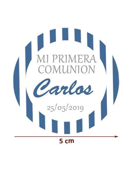 Etiqueta Pegatina Azul Comunión Rayas Personalizada 5cm