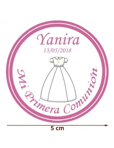 Etiqueta Pegatina Comunión Rosa Vestido Personalizada 5cm