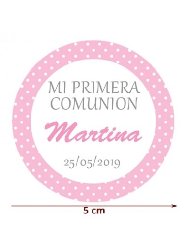 Etiqueta Pegatina Comunión Rosa Topos Personalizada 5cm