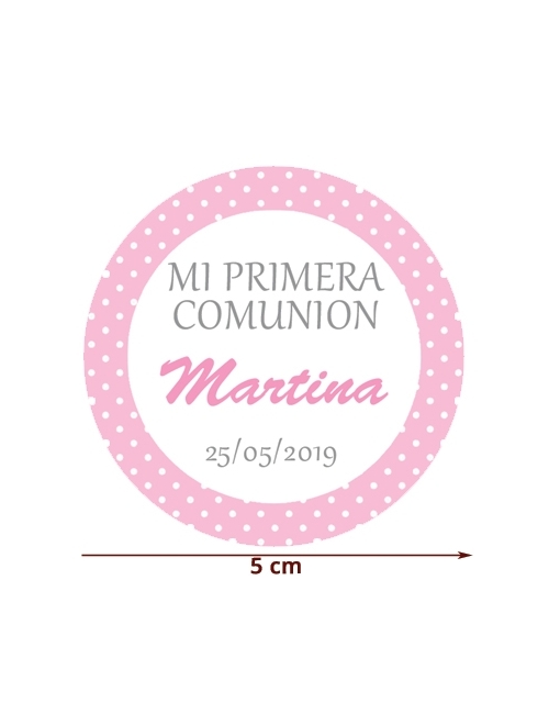 Etiqueta Pegatina Comunión Rosa Topos Personalizada 5cm