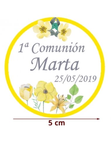 Etiqueta Pegatina Comunión Amarillo Flores Personalizada 5cm