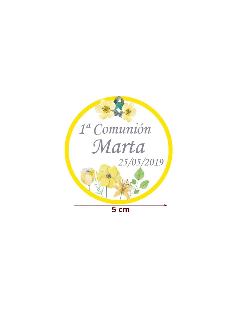 Etiqueta Pegatina Comunión Amarillo Flores Personalizada 5cm