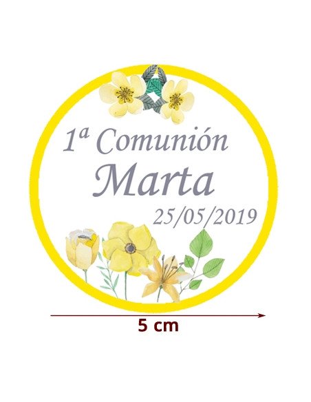 Etiqueta Pegatina Comunión Amarillo Flores Personalizada 5cm