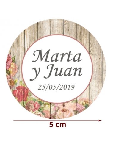 Etiqueta Pegatina Boda Madera flores V3 Personalizada 5cm