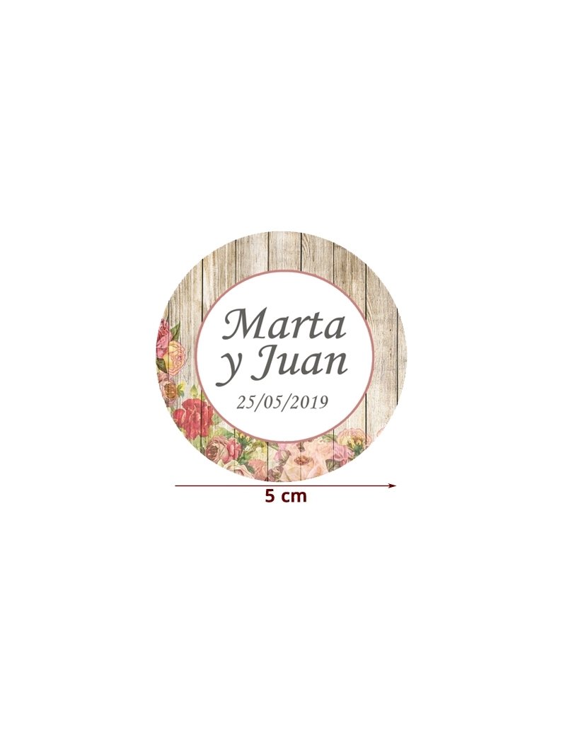 Etiqueta Pegatina Boda Madera flores V3 Personalizada 5cm