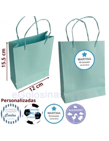 BOLSITA CARTON AZUL Y ETIQUETA PERSONALIZADA